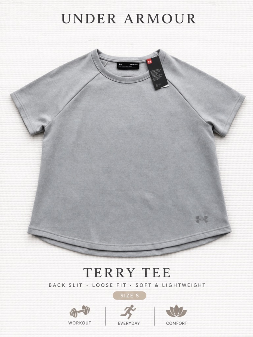 Under Armour Gray Terry Tee Back Slit Loose Fit Athleisure S NWT